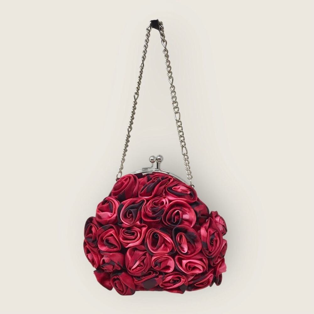 WHBM Rose Embellished Clutch Purse Small Pink & Red Floral Satin Handbag